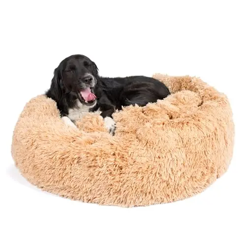 Barkbox donut-shaped orthopedic dog bed with memory foam and faux fur