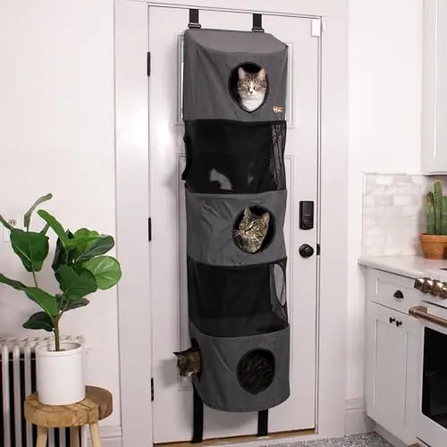 K&H Hangin Cat Tree Condo mounted on a door with five mesh levels