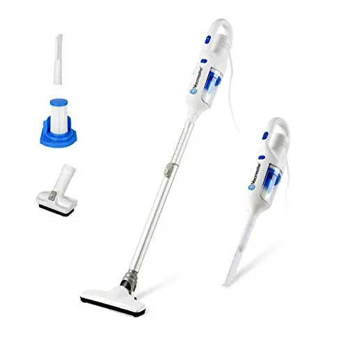Vacmaster corded stick vacuum cleaner with attachments on a tile floor