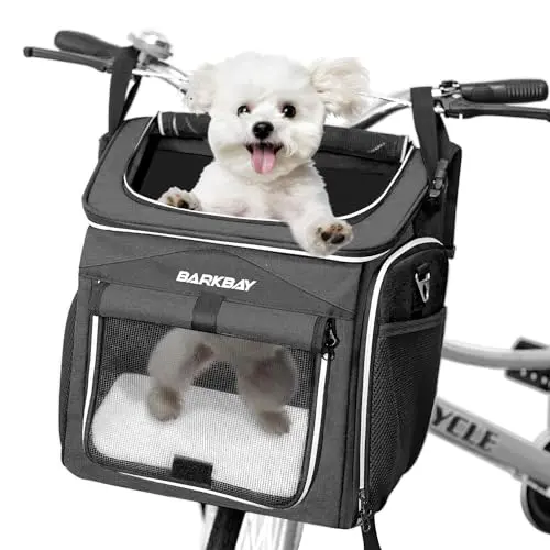 BARKBAY dog bike basket in black, showing expandable design and reflective tapes