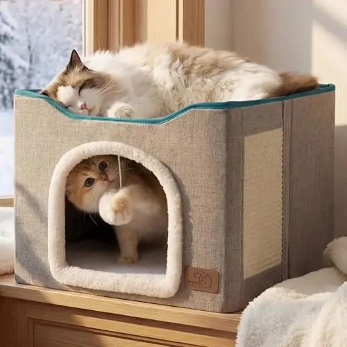 Bedsure grey cat cave bed with a top platform and enclosed bottom compartment