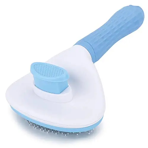 Depets self-cleaning slicker brush with release button grooming a long-haired cat