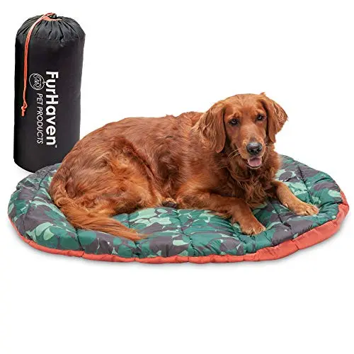 Furhaven paprika and camo travel dog bed with stuff sack, laid out flat