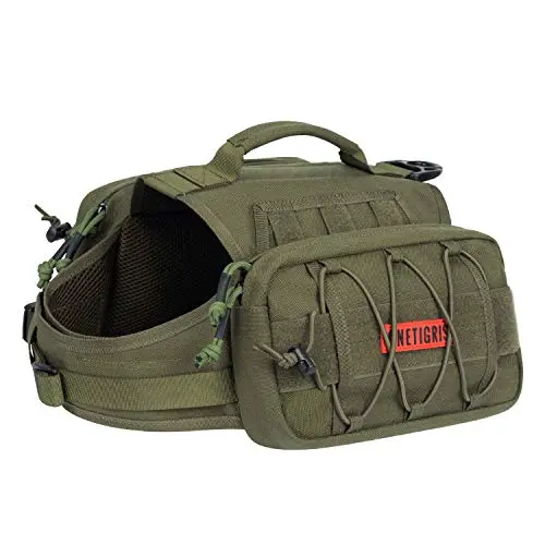 ONETIGRIS green nylon dog backpack with side pockets, modeled on a large dog