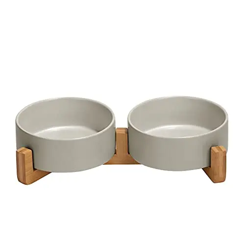 SPUNKYJUNKY ceramic dog bowl set with natural wooden stand in grey