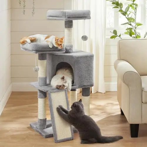 Feandrea 45.3-inch light gray cat tower with a scratching ramp and spacious cave