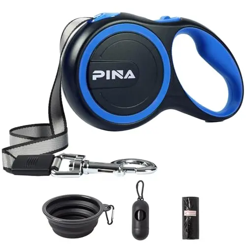 PINA 26ft black and blue retractable dog leash with waste bag dispenser