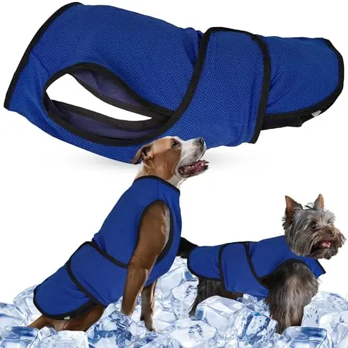 Lautus Pets dark blue dog cooling vest with double velcro straps and a zippered neck