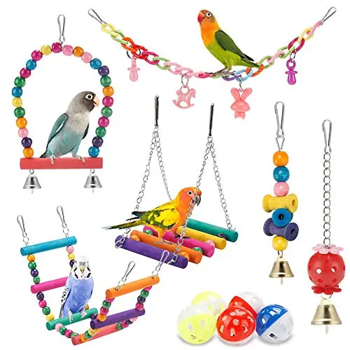 LOVYOCOCO 11-piece bird toy set with swing, hammock, and climbing ladder in multicolor