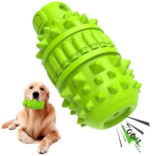 PIFFZEDO green gas tank-shaped rubber dog toy with squeaker