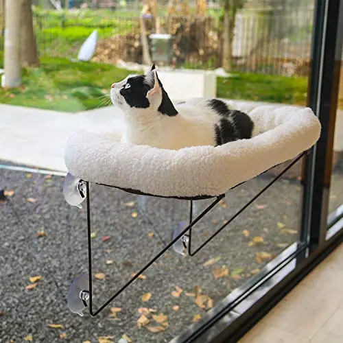 Zakkart white metal-frame cat window perch with a sherpa bed and suction cups