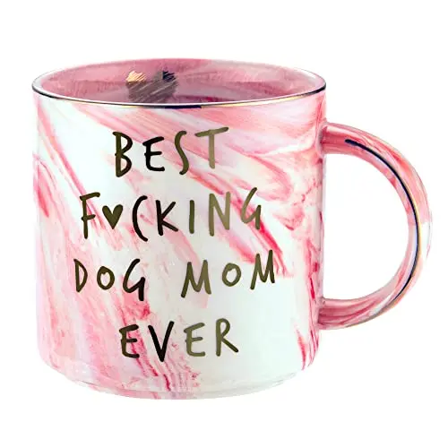HENDSON pink marble ceramic coffee mug with 'Best Dog Mom Ever' quote