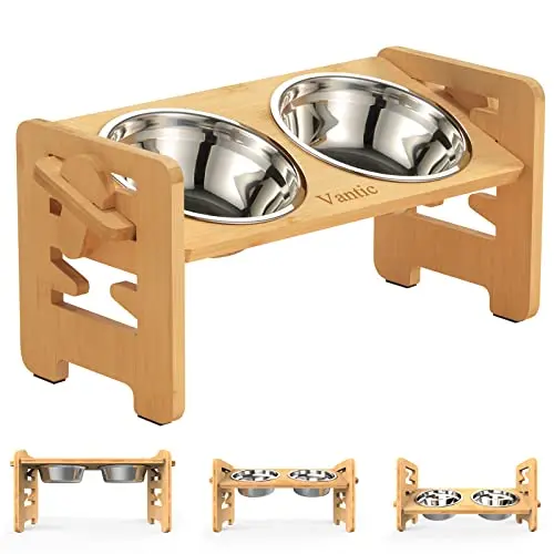 Vantic adjustable height elevated dog bowl stand made of bamboo with two stainless steel bowls