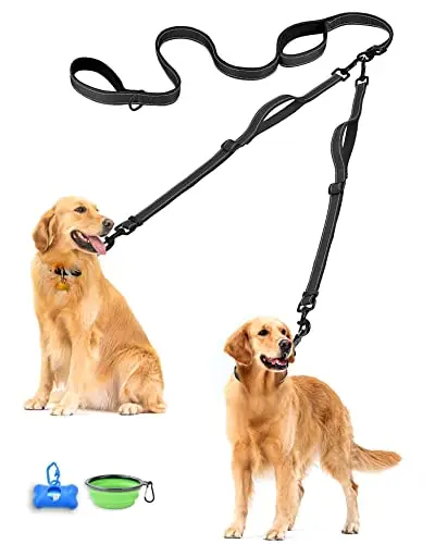 PetBonus black double dog leash with four padded handles and included bowl