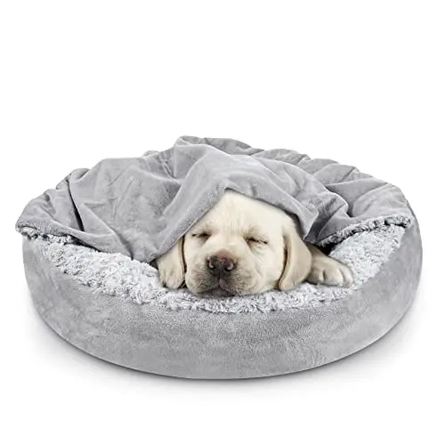 JOEJOY donut dog bed with attached hooded blanket for extra coziness