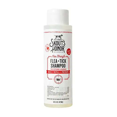 Skout's Honor flea and tick shampoo bottle with peppermint and cedarwood oils