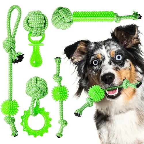 SQBG five-pack assortment of puppy toys including rubber rings and rope toys