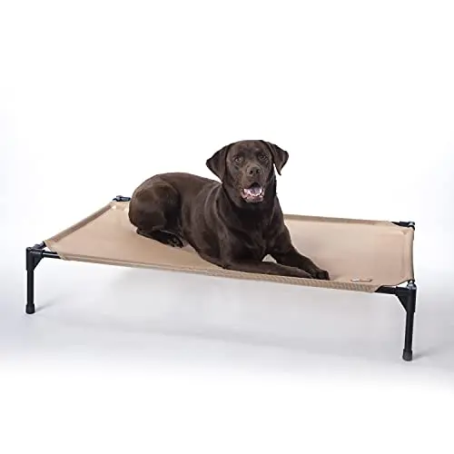 K&H Pet Products outdoor elevated dog cot with tan mesh and metal frame