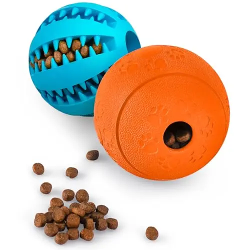 Blue and orange rubber dog puzzle balls
