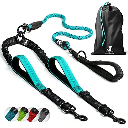 SparklyPets teal rope bungee double dog leash with three handles