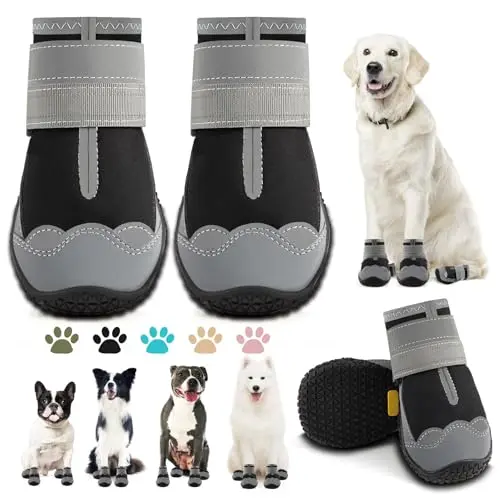 JZXOIVA light black dog boots with anti-slip soles and reflective strips