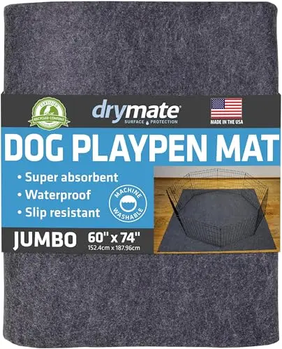 Drymate jumbo dog playpen mat with waterproof backing on a floor