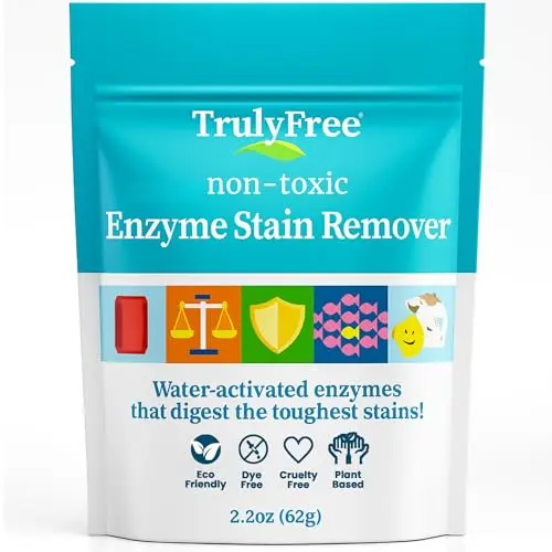 Truly Free Enzyme Laundry Stain Remover powder in a small, portable pouch