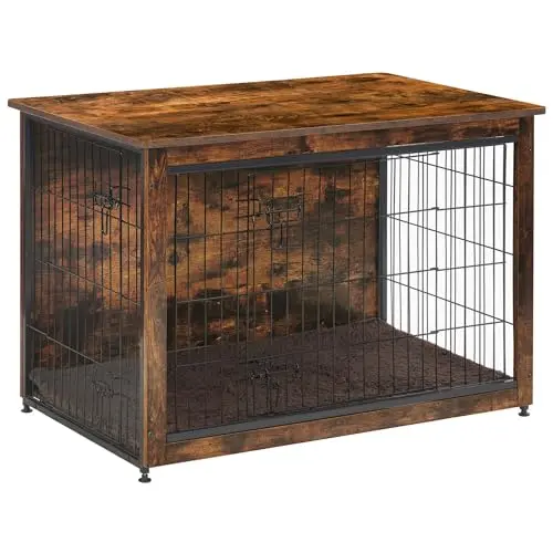 DWANTON rustic brown wooden dog crate furniture with double doors and cushion