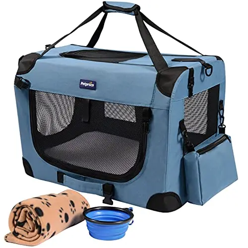 Petprsco blue portable dog crate with blanket and bowl