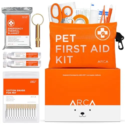 ARCA PET neon orange dog first aid kit with various medical supplies laid out