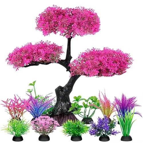 AMELIADE pink cherry blossom artificial tree with green grass for aquarium decoration