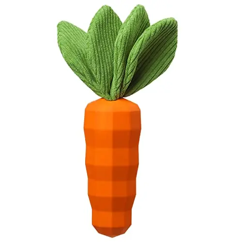 MewaJump carrot-shaped dog chew toy with rubber body and plush leaves