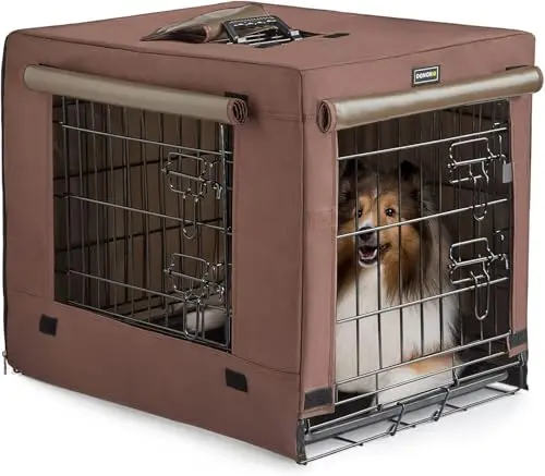 Brown metal dog crate with double doors and a cover for small dogs