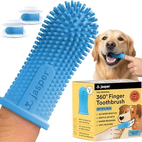 Jasper blue silicone finger toothbrush with 360-degree bristles, shown on a finger.