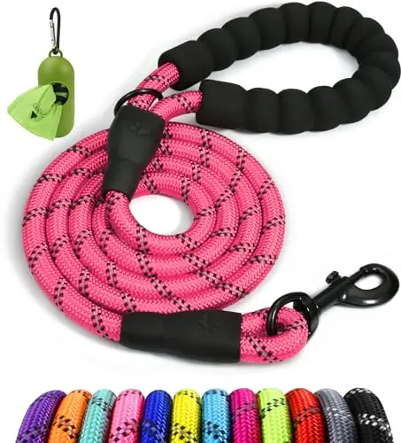 Taglory pink rope dog leash with reflective threads and padded handle