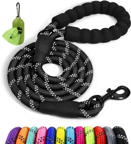 Taglory rope dog leash with padded handle and reflective threads for nighttime safety