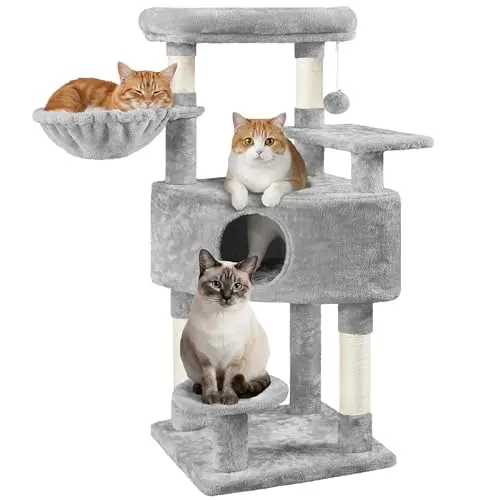 Yaheetech light gray multi-level cat tree with a fan-shaped condo and large top perch
