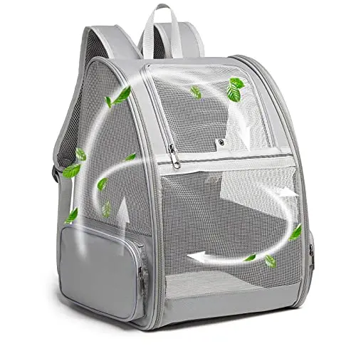 Texsens light grey collapsible pet carrier backpack with mesh panels