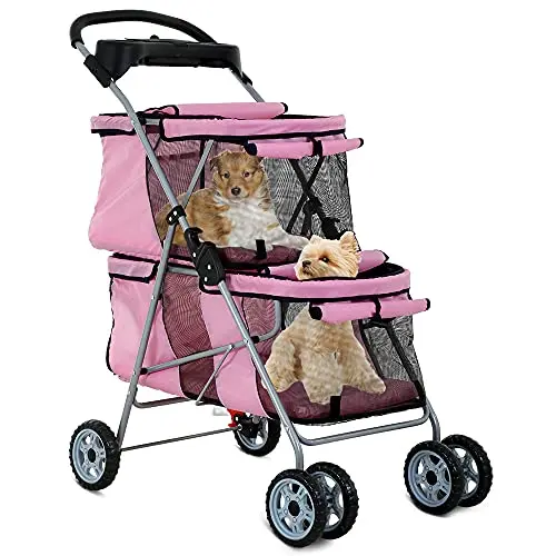 Dkeli double pet stroller in pink with cup holder and mesh windows