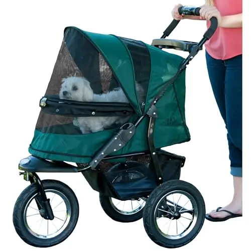 Pet Gear No-Zip Jogger stroller with forest green fabric and airless tires
