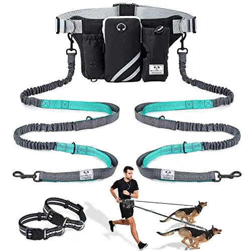 SHINE HAI retractable hands-free dog leash for two dogs in blue/black, with a waist bag and dual bungees