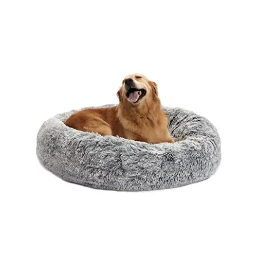 Bedfolks dark grey large round donut dog bed with fluffy faux fur and an anti-slip bottom