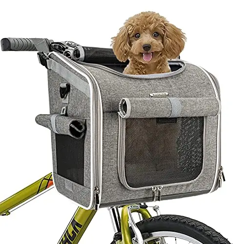 BABEYER expandable dog bike basket in grey, showing mesh windows and open doors