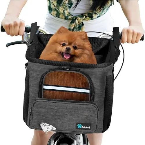 PetAmi soft-sided dog bike basket in dark gray, showing mesh panels and safety leash