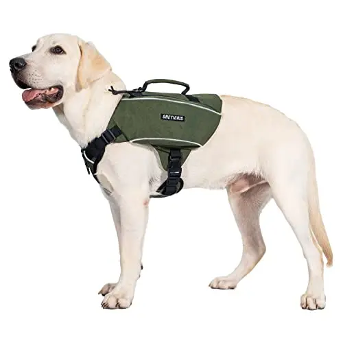 ONETIGRIS Y-shaped green dog backpack with a handle on a medium-sized dog