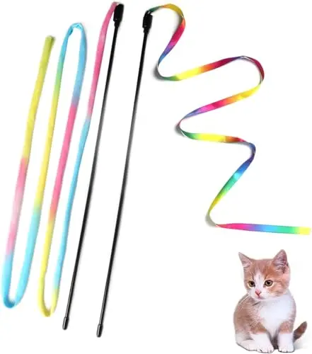 M JJYPET two-pack of colorful ribbon and feather cat teaser wands