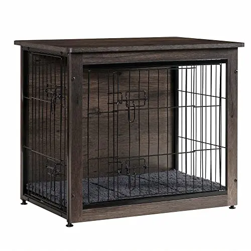 DWANTON dark gray wooden dog crate furniture with cushion as side table