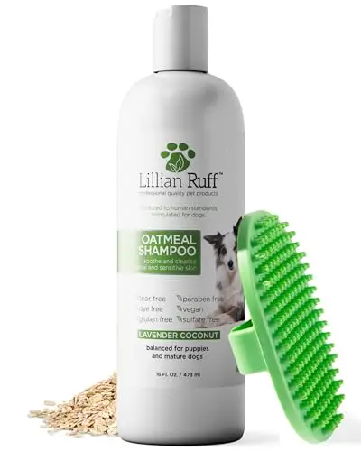 Lillian Ruff Oatmeal Dog Shampoo bottle with lavender and coconut scent for dry skin
