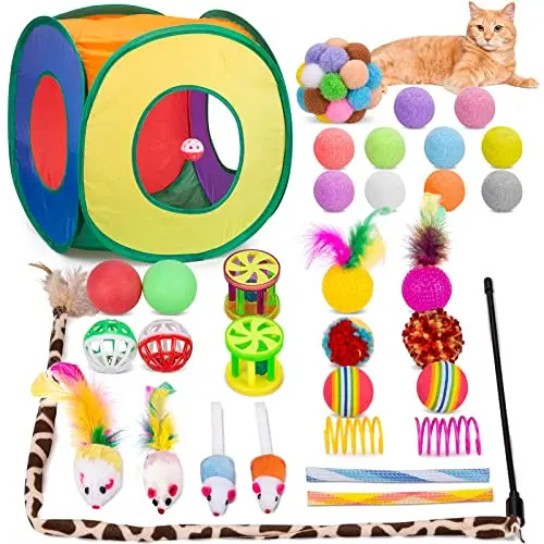 Retro Shaw 33-piece cat toy set with collapsible tunnel and assorted toys