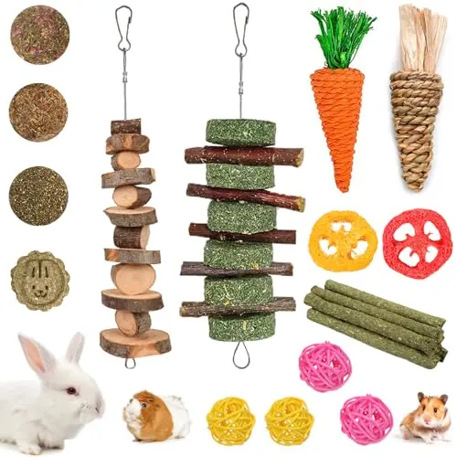 GRDDAEF 20 PCS Bunny Chew Toys set with apple wood and timothy grass items